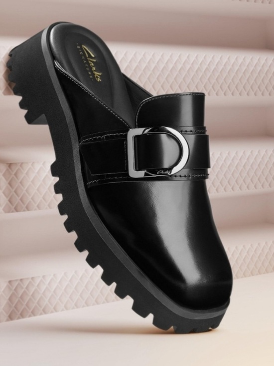 Clarks Shoes - Clarks Black Leather Buckle Mule